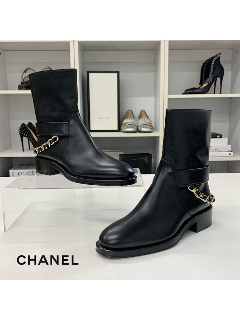 Chanel Leather CC Logo Chain Short Boots Black